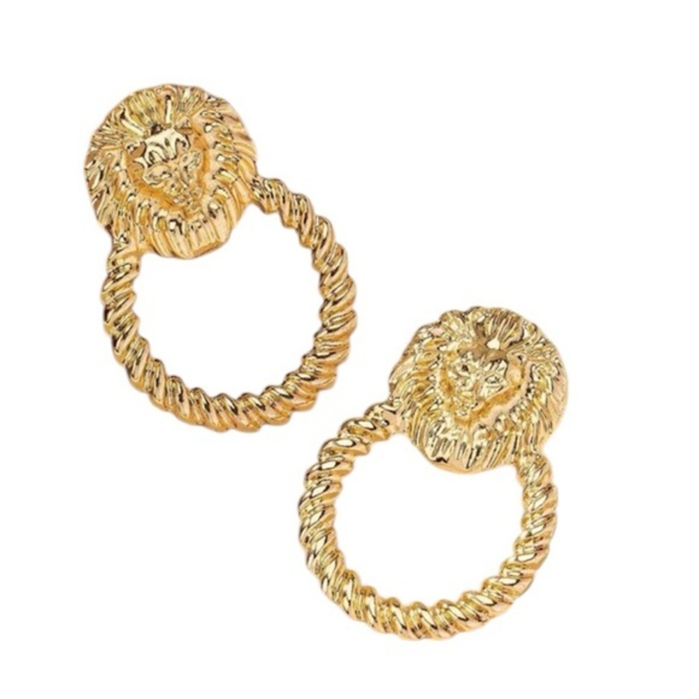 Vintage Style Geometric Lion Head Circular Stud Statement Earrings